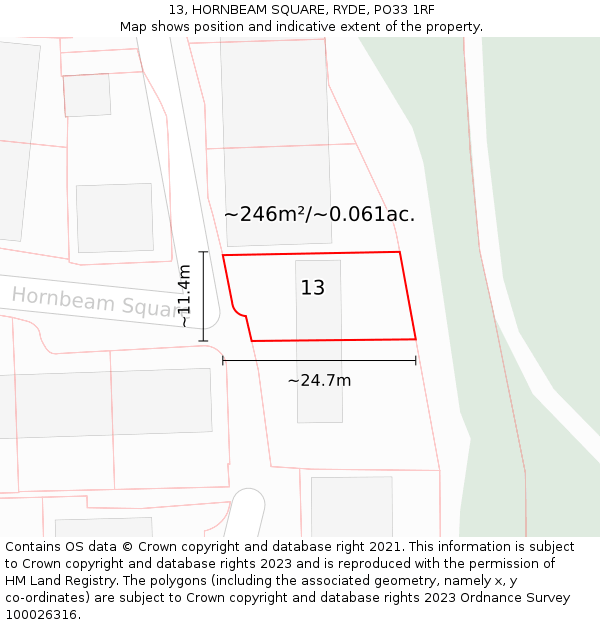 13, HORNBEAM SQUARE, RYDE, PO33 1RF: Plot and title map