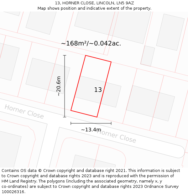 13, HORNER CLOSE, LINCOLN, LN5 9AZ: Plot and title map