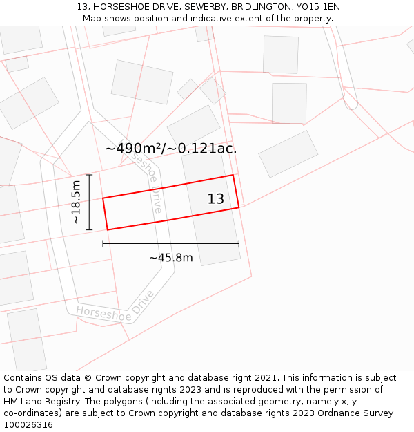 13, HORSESHOE DRIVE, SEWERBY, BRIDLINGTON, YO15 1EN: Plot and title map