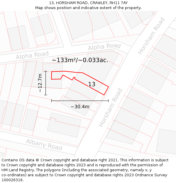 13, HORSHAM ROAD, CRAWLEY, RH11 7AY: Plot and title map