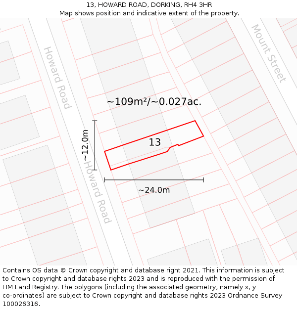13, HOWARD ROAD, DORKING, RH4 3HR: Plot and title map