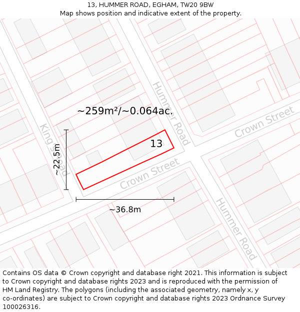 13, HUMMER ROAD, EGHAM, TW20 9BW: Plot and title map