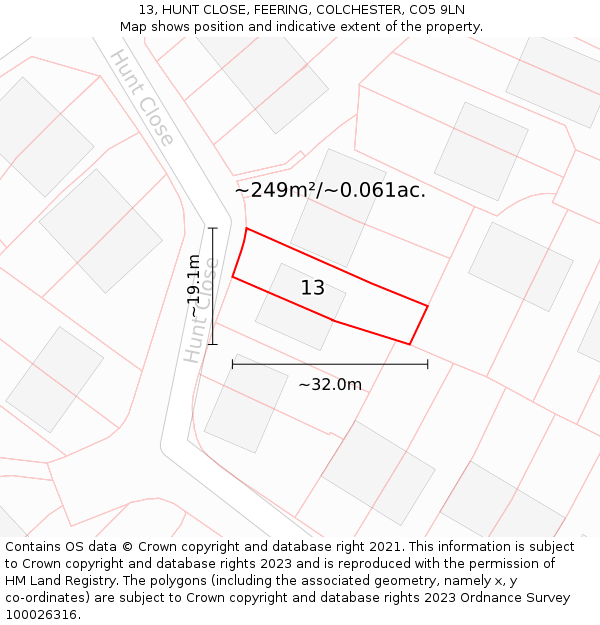 13, HUNT CLOSE, FEERING, COLCHESTER, CO5 9LN: Plot and title map