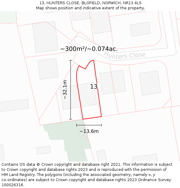 13, HUNTERS CLOSE, BLOFIELD, NORWICH, NR13 4LS: Plot and title map