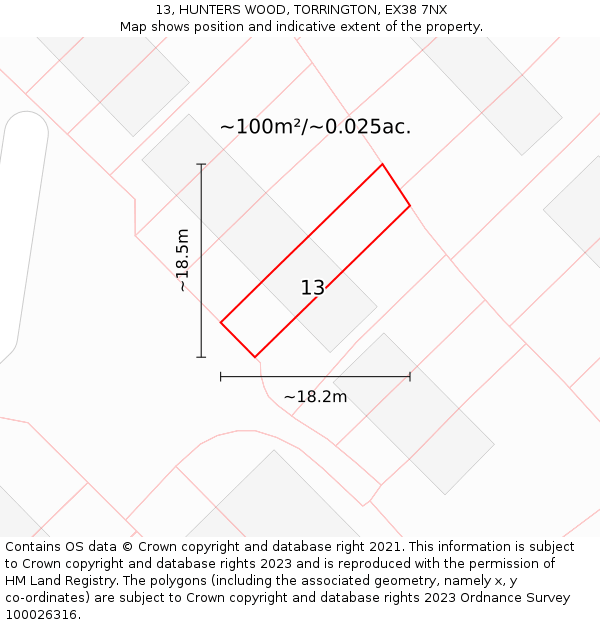 13, HUNTERS WOOD, TORRINGTON, EX38 7NX: Plot and title map