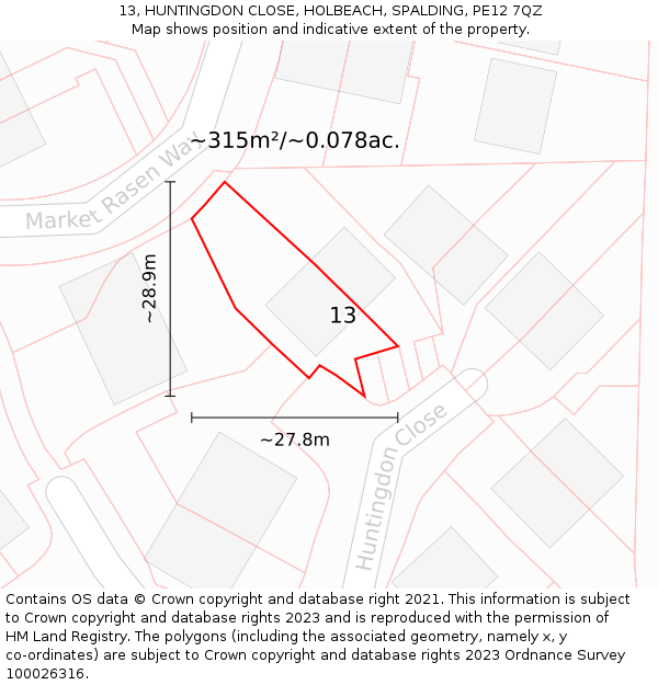 13, HUNTINGDON CLOSE, HOLBEACH, SPALDING, PE12 7QZ: Plot and title map