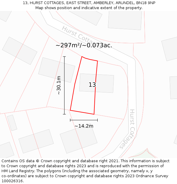 13, HURST COTTAGES, EAST STREET, AMBERLEY, ARUNDEL, BN18 9NP: Plot and title map