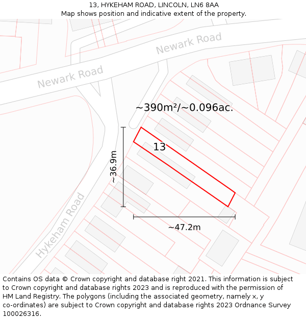 13, HYKEHAM ROAD, LINCOLN, LN6 8AA: Plot and title map