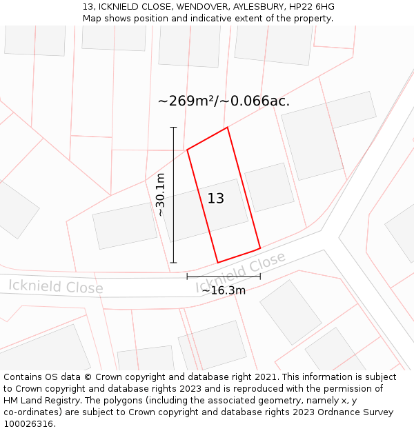 13, ICKNIELD CLOSE, WENDOVER, AYLESBURY, HP22 6HG: Plot and title map