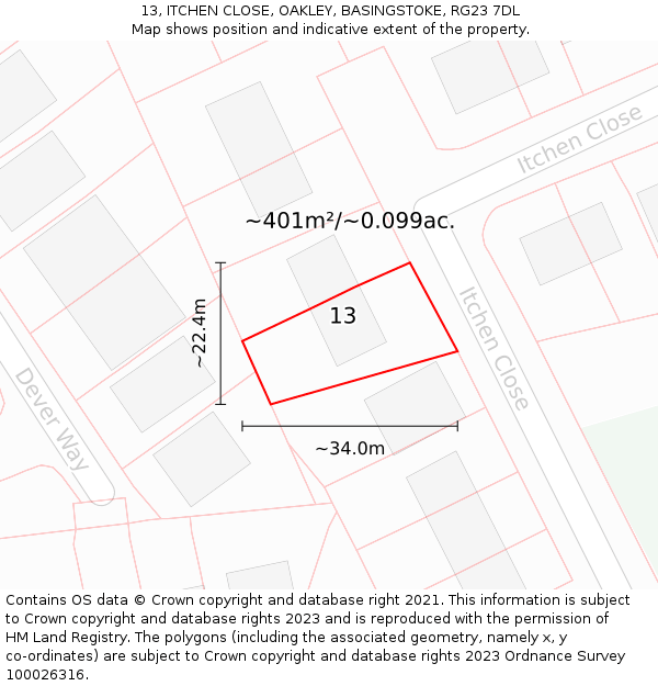 13, ITCHEN CLOSE, OAKLEY, BASINGSTOKE, RG23 7DL: Plot and title map