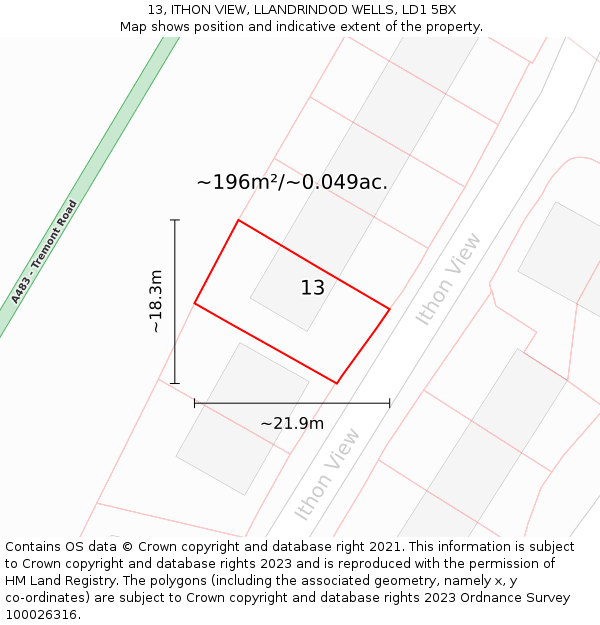 13, ITHON VIEW, LLANDRINDOD WELLS, LD1 5BX: Plot and title map