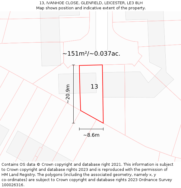 13, IVANHOE CLOSE, GLENFIELD, LEICESTER, LE3 8LH: Plot and title map