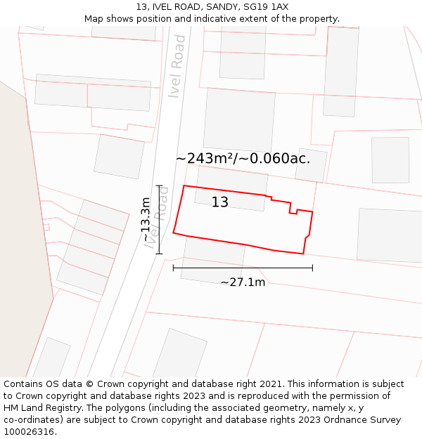 13, IVEL ROAD, SANDY, SG19 1AX: Plot and title map