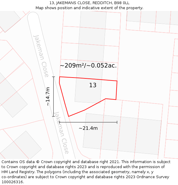 13, JAKEMANS CLOSE, REDDITCH, B98 0LL: Plot and title map