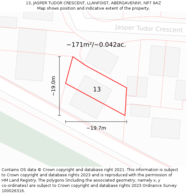 13, JASPER TUDOR CRESCENT, LLANFOIST, ABERGAVENNY, NP7 9AZ: Plot and title map