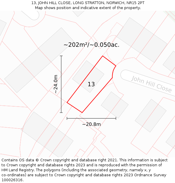 13, JOHN HILL CLOSE, LONG STRATTON, NORWICH, NR15 2PT: Plot and title map