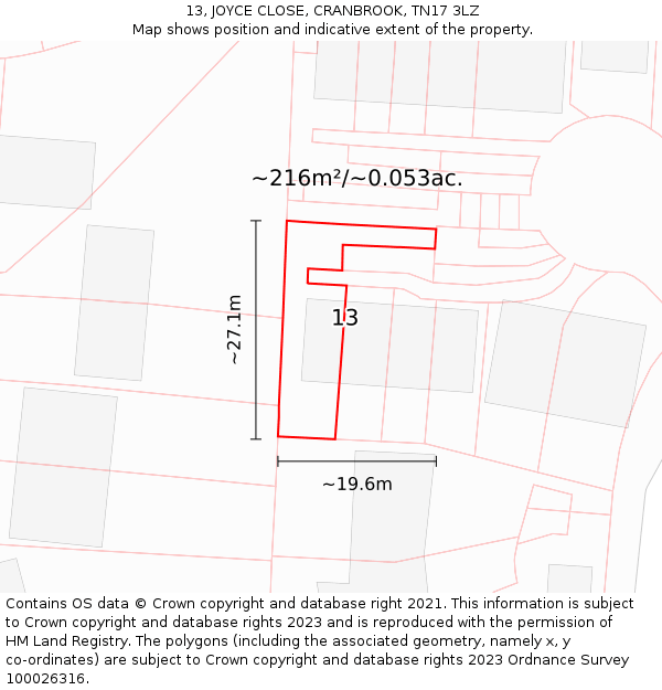 13, JOYCE CLOSE, CRANBROOK, TN17 3LZ: Plot and title map
