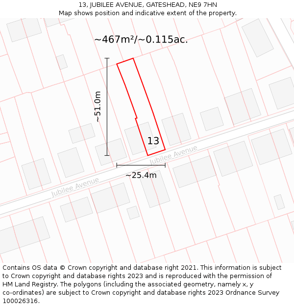13, JUBILEE AVENUE, GATESHEAD, NE9 7HN: Plot and title map