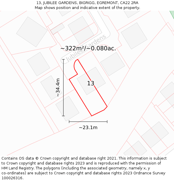13, JUBILEE GARDENS, BIGRIGG, EGREMONT, CA22 2RA: Plot and title map
