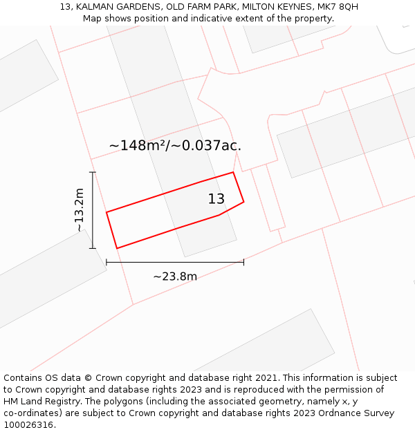 13, KALMAN GARDENS, OLD FARM PARK, MILTON KEYNES, MK7 8QH: Plot and title map