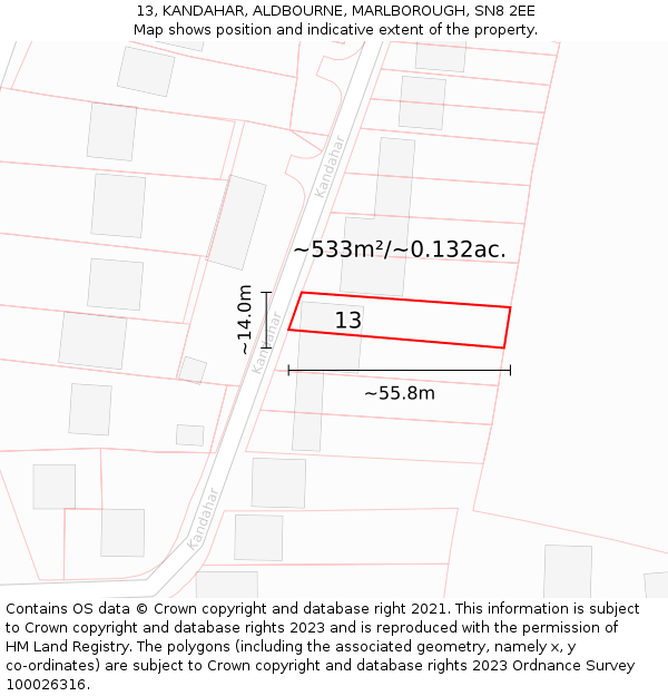 13, KANDAHAR, ALDBOURNE, MARLBOROUGH, SN8 2EE: Plot and title map