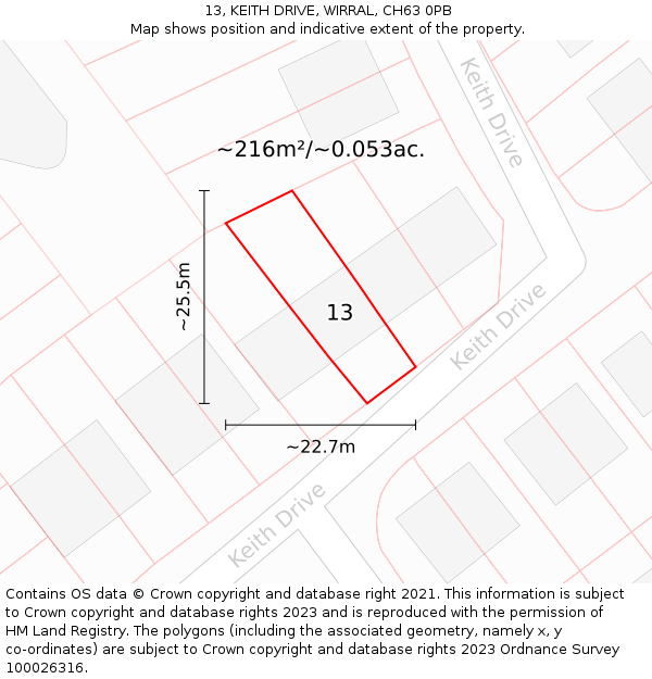 13, KEITH DRIVE, WIRRAL, CH63 0PB: Plot and title map