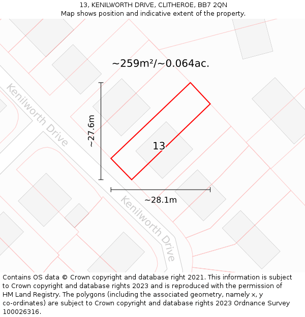 13, KENILWORTH DRIVE, CLITHEROE, BB7 2QN: Plot and title map