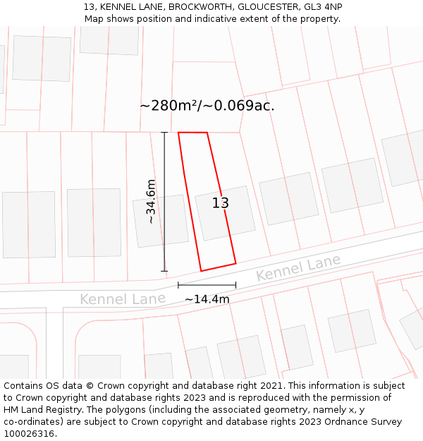 13, KENNEL LANE, BROCKWORTH, GLOUCESTER, GL3 4NP: Plot and title map