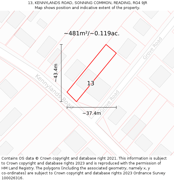 13, KENNYLANDS ROAD, SONNING COMMON, READING, RG4 9JR: Plot and title map