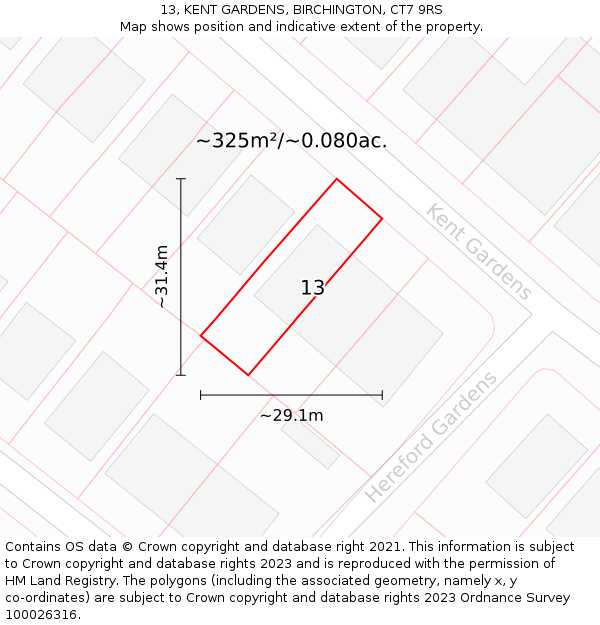 13, KENT GARDENS, BIRCHINGTON, CT7 9RS: Plot and title map