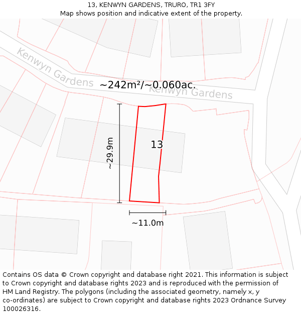 13, KENWYN GARDENS, TRURO, TR1 3FY: Plot and title map
