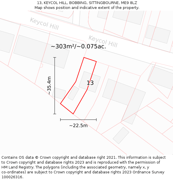 13, KEYCOL HILL, BOBBING, SITTINGBOURNE, ME9 8LZ: Plot and title map