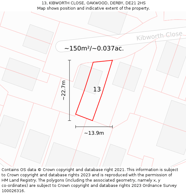 13, KIBWORTH CLOSE, OAKWOOD, DERBY, DE21 2HS: Plot and title map
