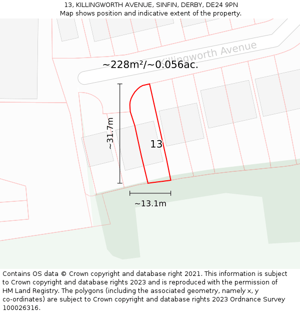 13, KILLINGWORTH AVENUE, SINFIN, DERBY, DE24 9PN: Plot and title map