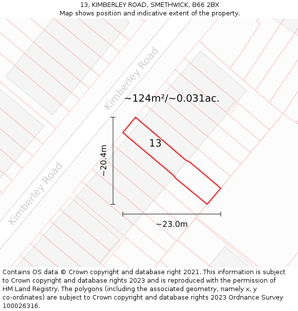 13, KIMBERLEY ROAD, SMETHWICK, B66 2BX: Plot and title map