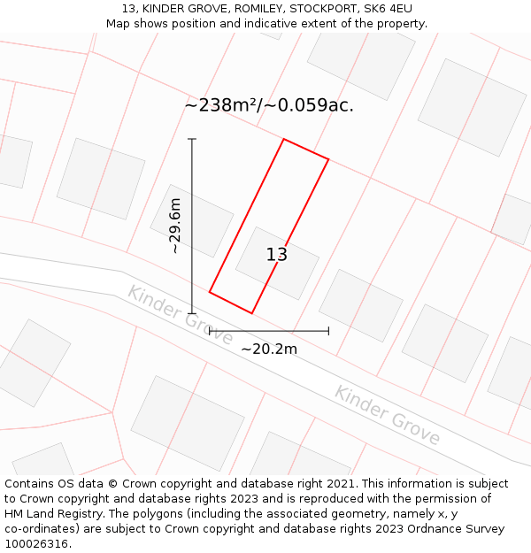 13, KINDER GROVE, ROMILEY, STOCKPORT, SK6 4EU: Plot and title map