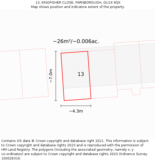 13, KINGFISHER CLOSE, FARNBOROUGH, GU14 9QX: Plot and title map