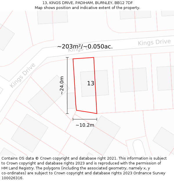 13, KINGS DRIVE, PADIHAM, BURNLEY, BB12 7DF: Plot and title map