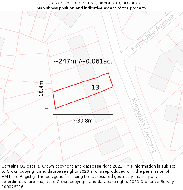 13, KINGSDALE CRESCENT, BRADFORD, BD2 4DD: Plot and title map