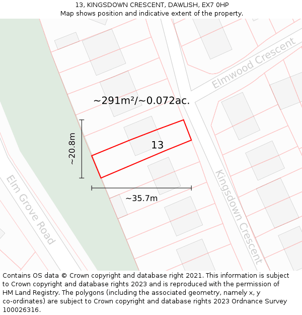 13, KINGSDOWN CRESCENT, DAWLISH, EX7 0HP: Plot and title map