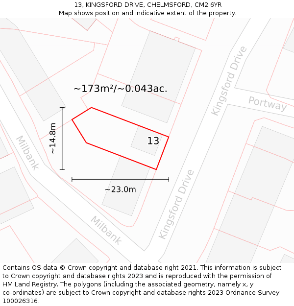 13, KINGSFORD DRIVE, CHELMSFORD, CM2 6YR: Plot and title map