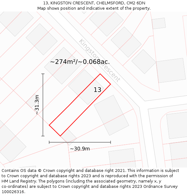 13, KINGSTON CRESCENT, CHELMSFORD, CM2 6DN: Plot and title map