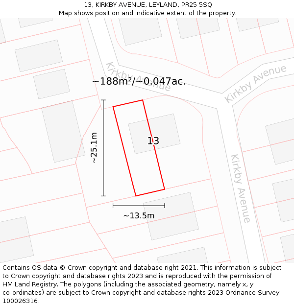 13, KIRKBY AVENUE, LEYLAND, PR25 5SQ: Plot and title map