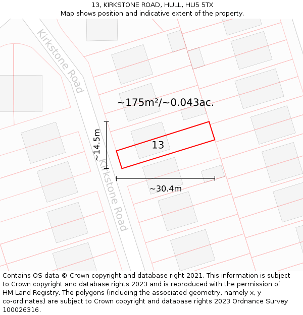 13, KIRKSTONE ROAD, HULL, HU5 5TX: Plot and title map