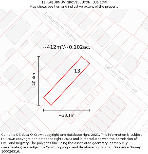 13, LABURNUM GROVE, LUTON, LU3 2DW: Plot and title map