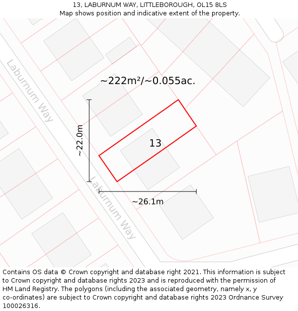13, LABURNUM WAY, LITTLEBOROUGH, OL15 8LS: Plot and title map