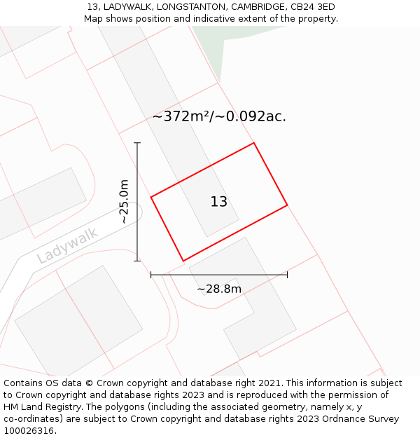 13, LADYWALK, LONGSTANTON, CAMBRIDGE, CB24 3ED: Plot and title map