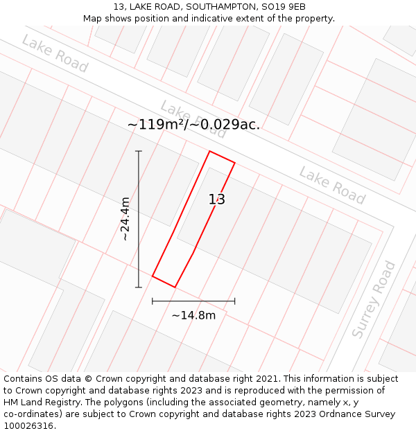 13, LAKE ROAD, SOUTHAMPTON, SO19 9EB: Plot and title map