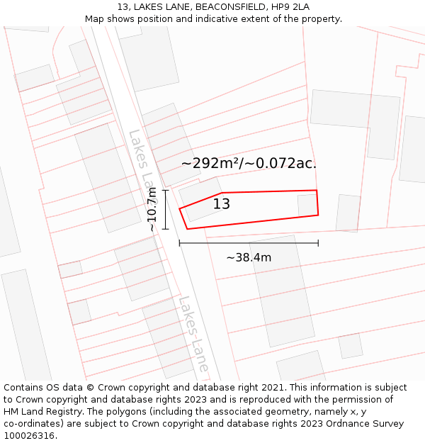 13, LAKES LANE, BEACONSFIELD, HP9 2LA: Plot and title map