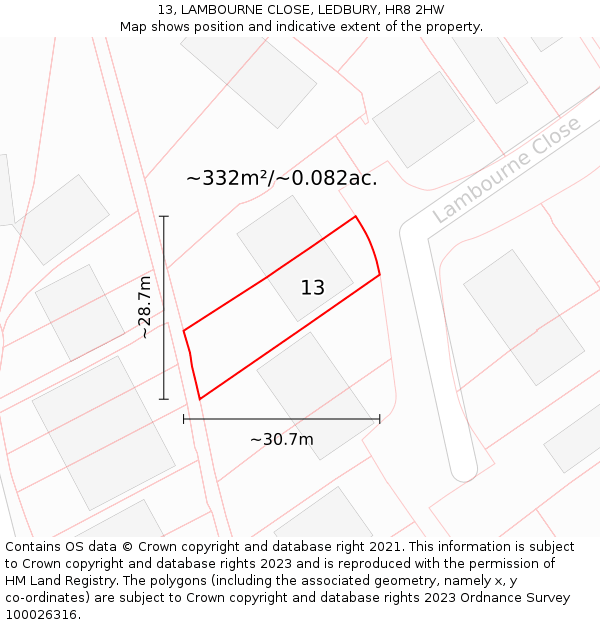 13, LAMBOURNE CLOSE, LEDBURY, HR8 2HW: Plot and title map